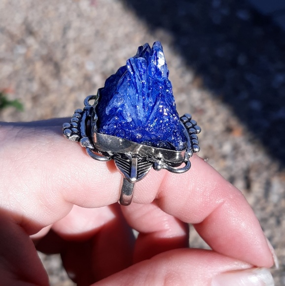 New Blue Titanium Crystal Agate Druzy 925 Silver Ring. - Picture 2 of 8